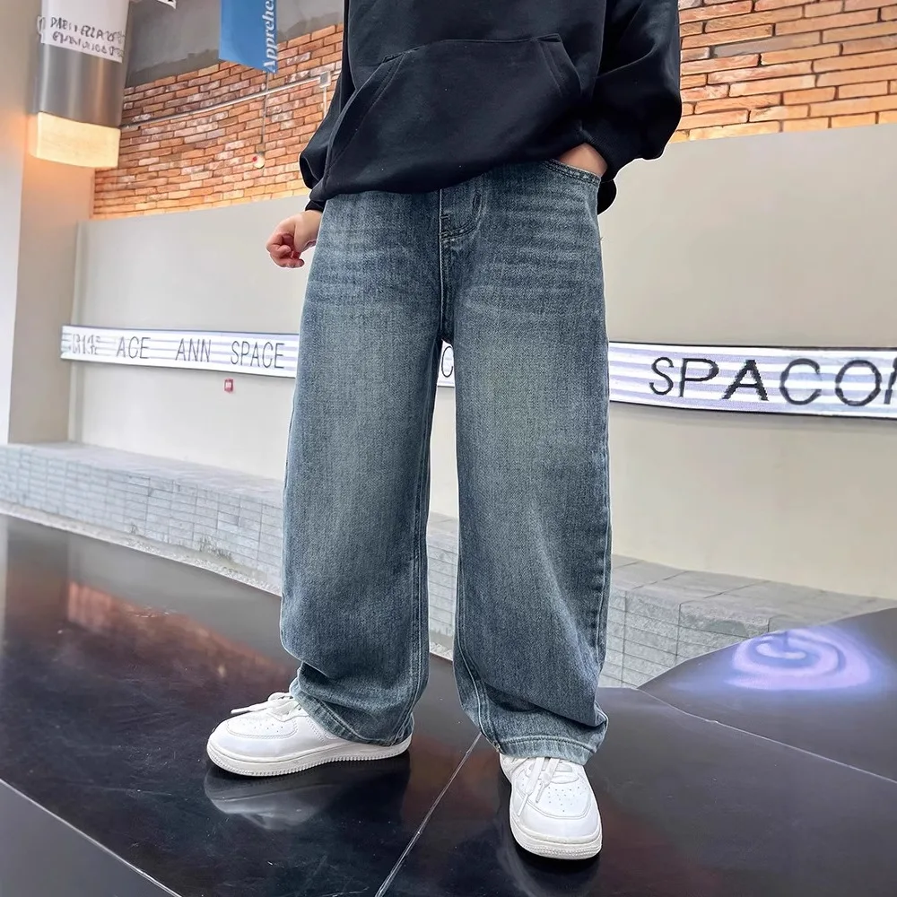 Spring Boys Jeans Pants Kids boys Wide Leg Straight Trousers Loose-Fit Casual Trousers Childrens Trendy Sweatpants Pant 5-14Y - Image 3