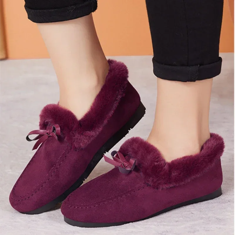 Women Winter Casual Shoes New Moccasins Soft Flat Non-slip Loafers Fashion Comfort Warm Plush Bow Slip on Female Cotton Shoes - Image 6