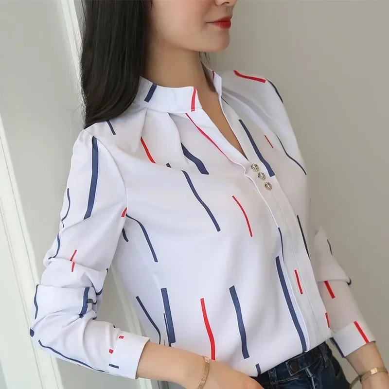 Women's Blouses Office Lady OL Work Shirts Long Sleeve Women Tops Fashion Casual White Stripe Print Female Slim Shirt - Image 4