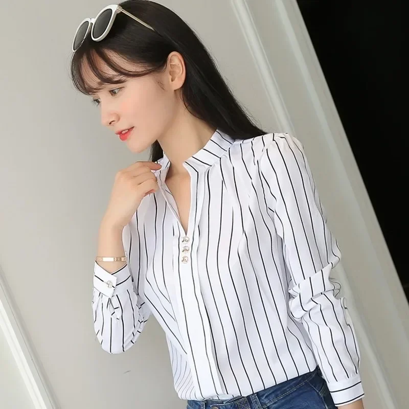 Women's Blouses Office Lady OL Work Shirts Long Sleeve Women Tops Fashion Casual White Stripe Print Female Slim Shirt - Image 6