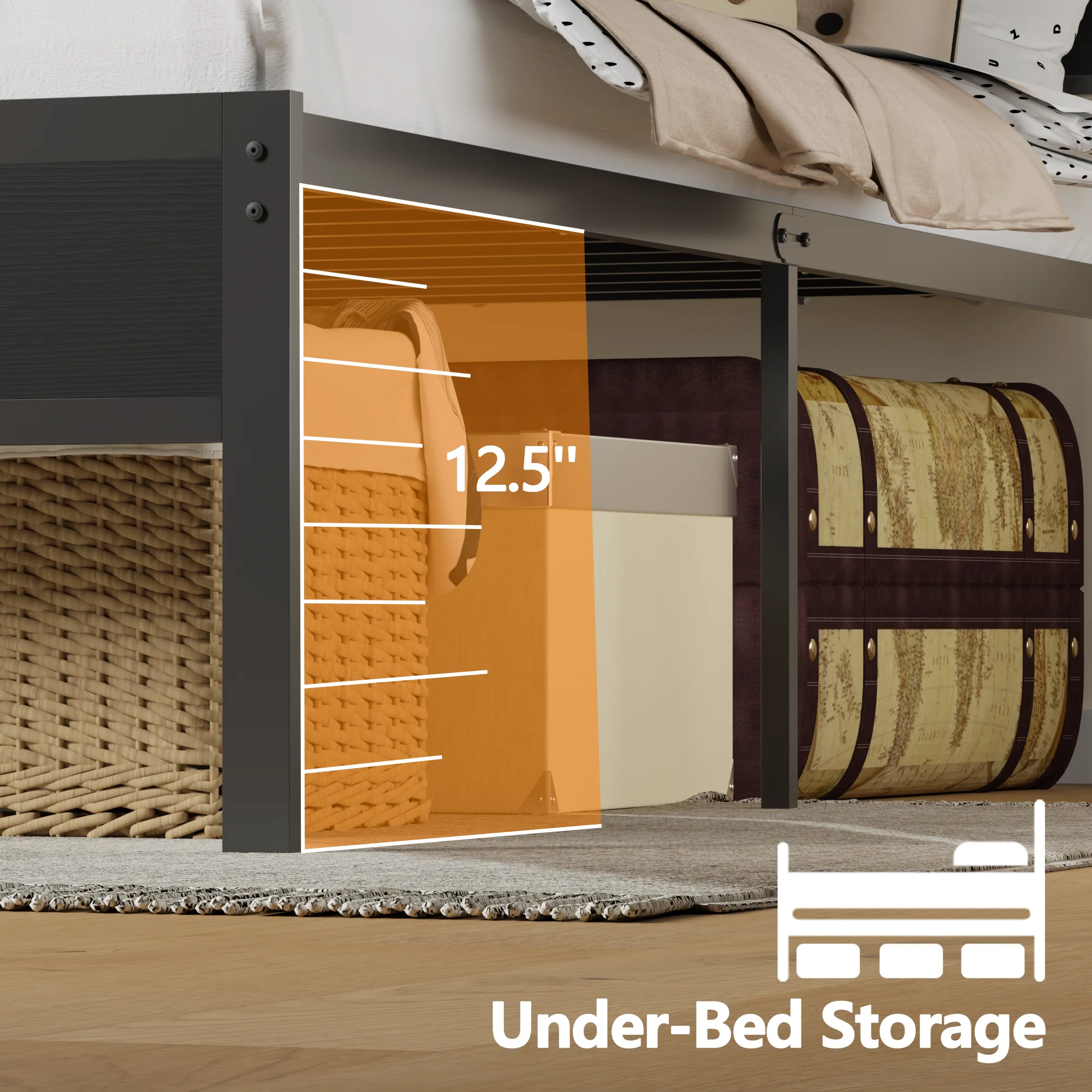 Satifur Full/Queen Size Bed Frame with LED Light and Charging Station, Wood Storage Headboard with 2-Tier Shelves,Metal Platform - Image 4