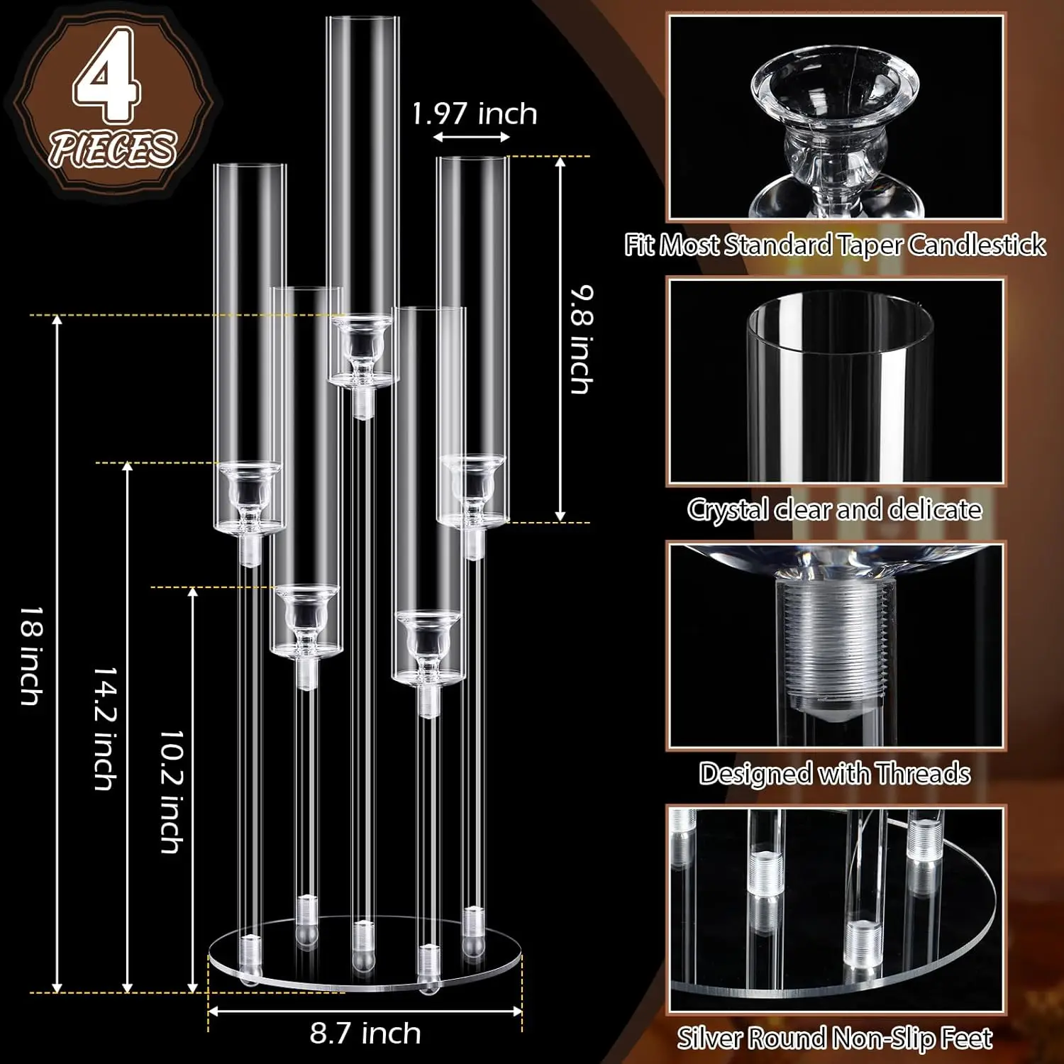4Pcs Acrylic Candelabra Centerpieces for Wedding,Clear Crystal 5 Arm Candlesticks Holder with Acrylic Shade for Valentine's day - Image 2