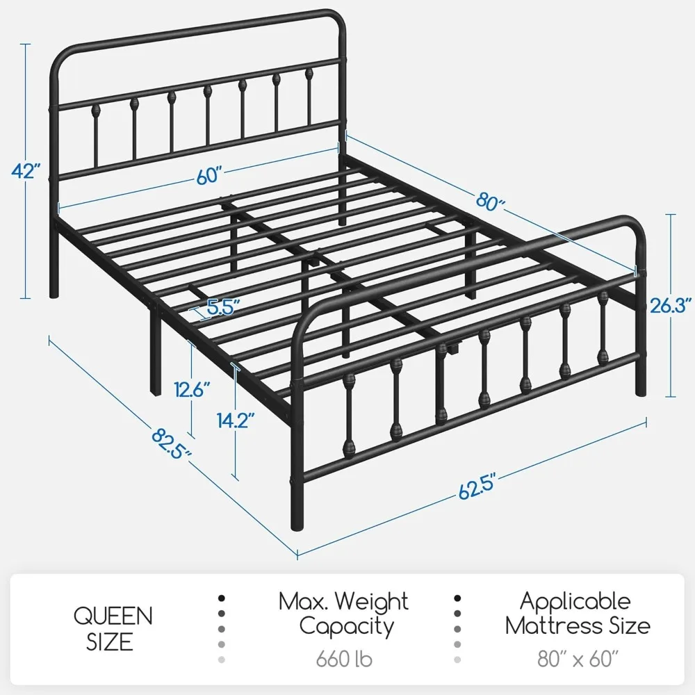 Queen Size Bed Frame with Victorian Style Iron-Art Headboard, No Box Spring Needed, Queen Size Bed Frame - Image 2