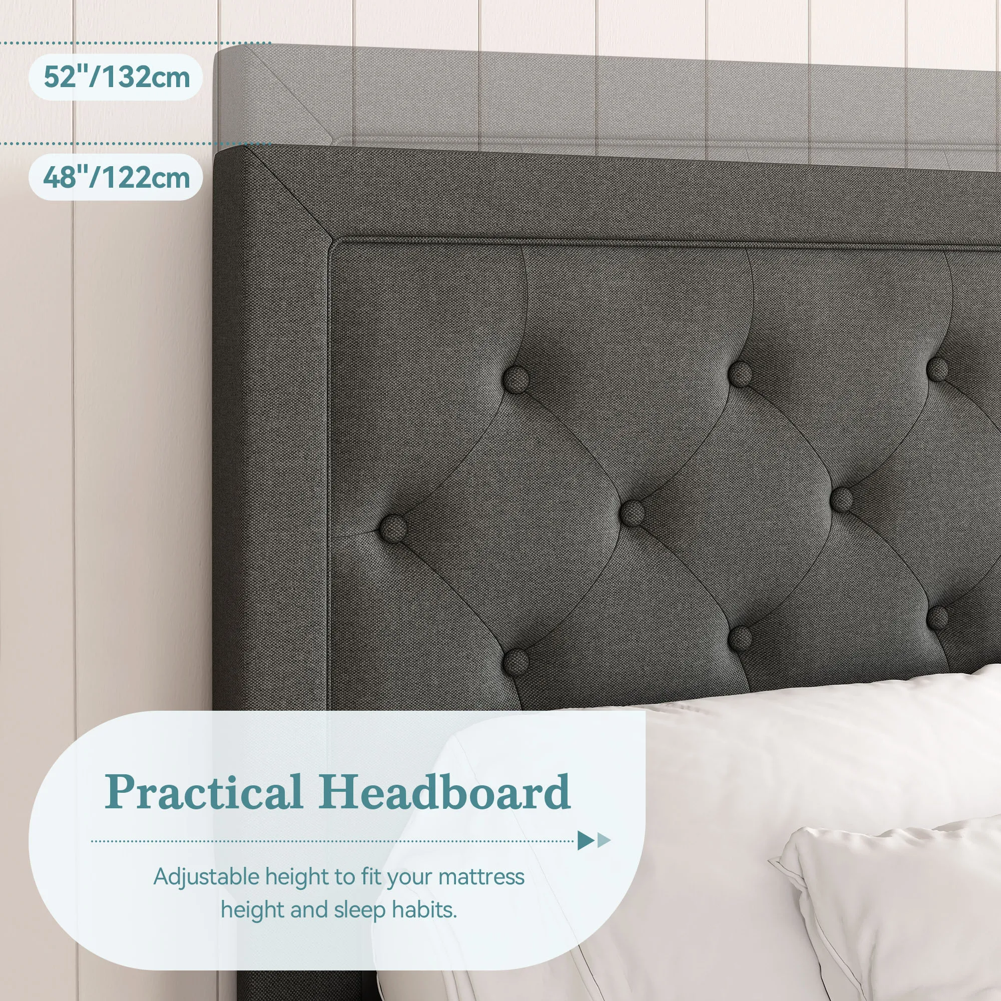 HOOMIC Upholstered Platform Bed Frame with Adjustable Modern Button Tufted Linen Fabric Headboard, No Box Spring Needed Allewie - Image 3