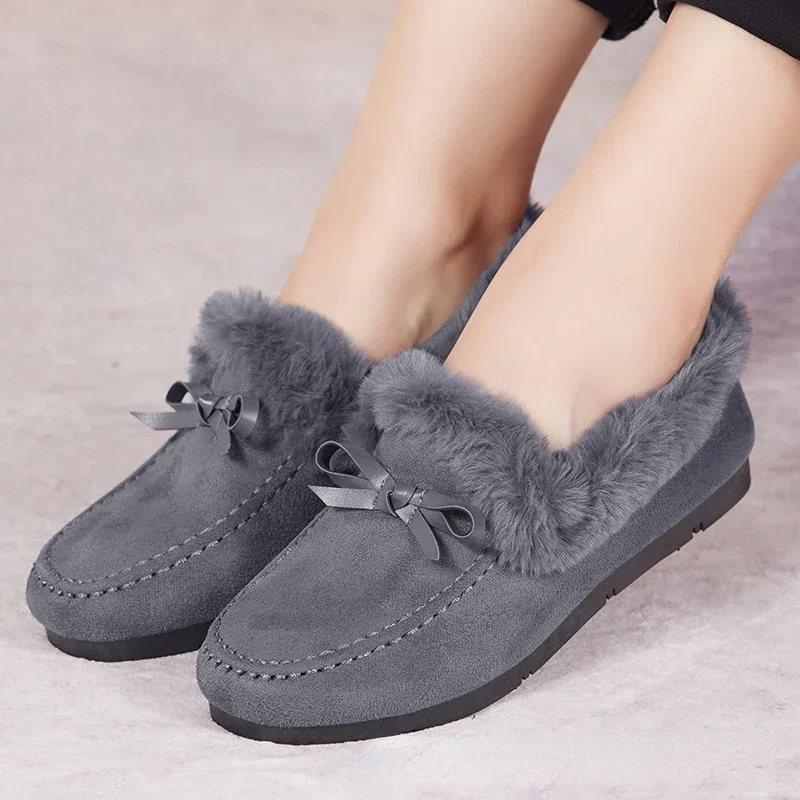 Women Winter Casual Shoes New Moccasins Soft Flat Non-slip Loafers Fashion Comfort Warm Plush Bow Slip on Female Cotton Shoes - Image 2