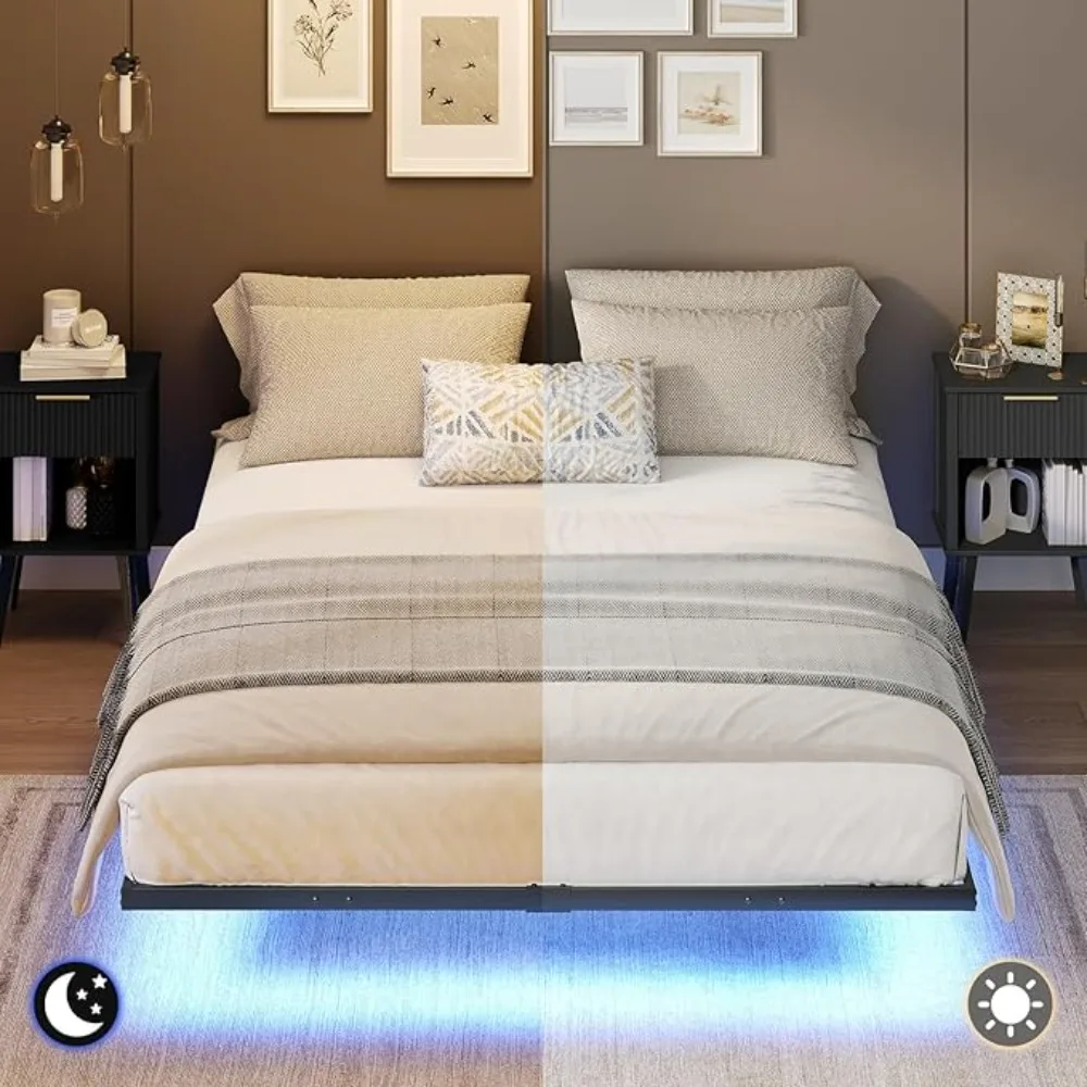 LED Floating Bed Frame with Power Strip & Storage Box, Metal Platform Bed of Easy to Install, Metal Bed Frame - Image 2