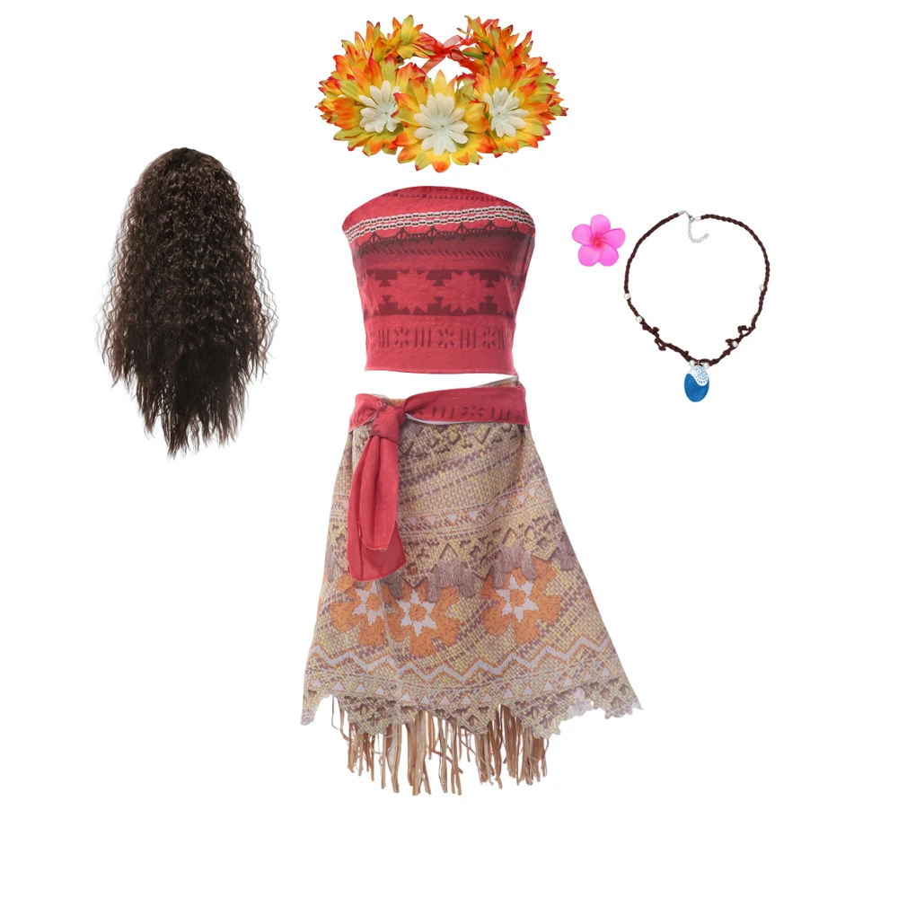 Girl Moana Costume Princess Cosplay Dress Summer Sleeveless Children's Dresses Girl Carnival Costume With Wreath Wig Necklace - Image 6