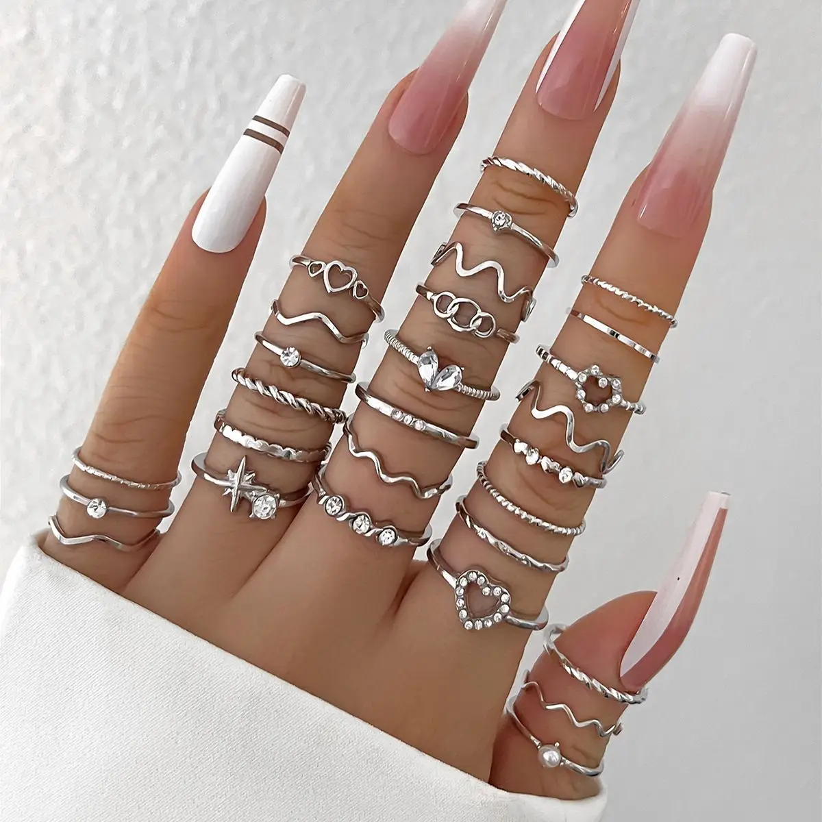 Fashion Simple Wave Joint Rings Set For Women Crystal Heart Shape Gold Silver Color Ring Female Party Jewelry - Image 3