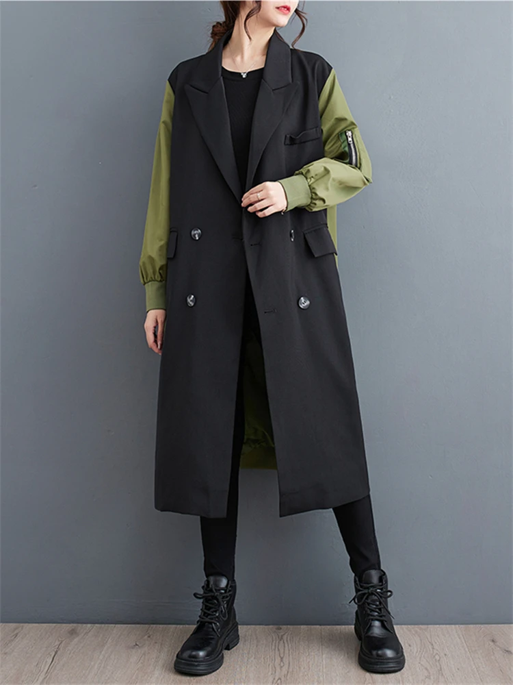 Oversized Turn-down Collar Trench Coat For Women 2024 Autumn Winter Casual Loose Vintage Patchwork Fashion Outerwear Cardigan - Image 3