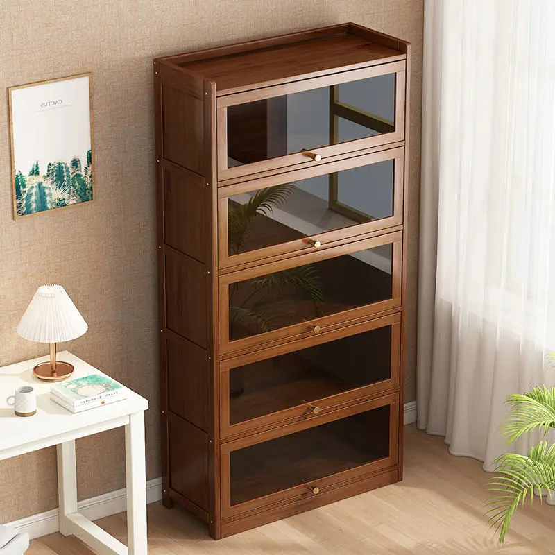 Modern Bamboo Bookshelf Storage Cabinet with Flip Doors 4/5/6 Tier Bookcase for Living Room Bedroom Office - Image 6