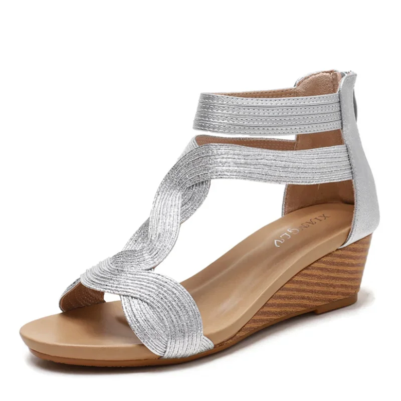 BEYARNE Summer Sandals Women Wedges Shoes Soft Leather T Strap Zipper Open Cover Heel Design Ladies Shoes Female Large Plus Size - Image 2
