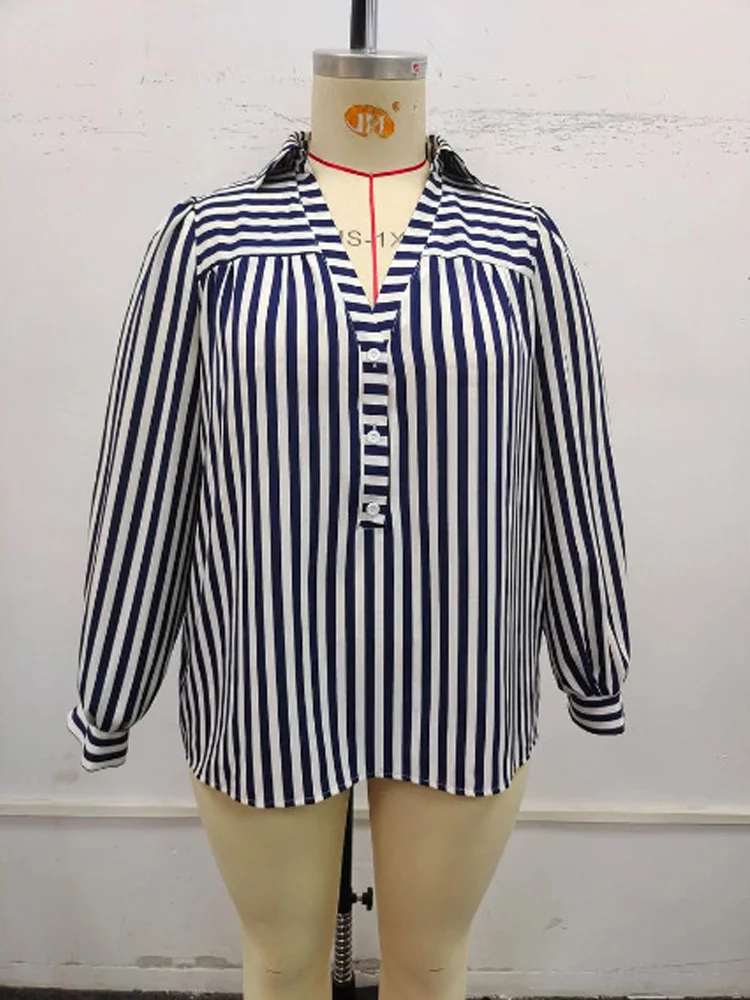 GIBSIE Plus Size Blue And White Striped Shirt Woemn Autumn New Polo Collar Long Sleeve Button Front Casual Loose Blouses Tops - Image 6