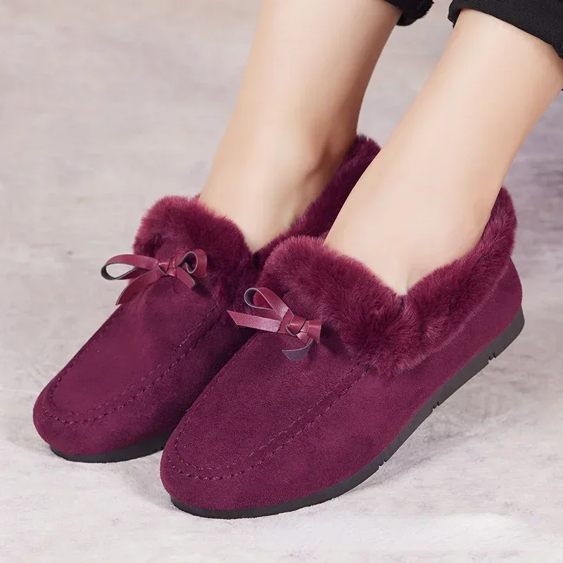 Women Winter Casual Shoes New Moccasins Soft Flat Non-slip Loafers Fashion Comfort Warm Plush Bow Slip on Female Cotton Shoes - Image 4