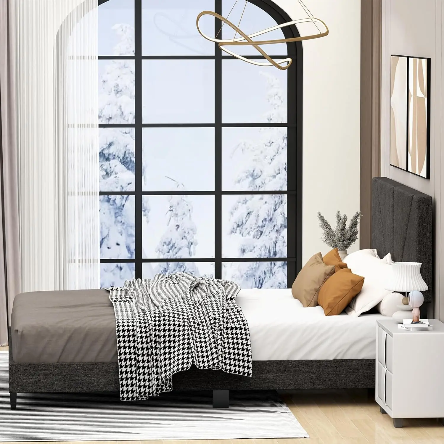 Queen Size Adjustable Headboard Bed Frame, Modern Linen Upholstered Platform Bed with Wood Slat Support - No Box Spring Needed - Image 2