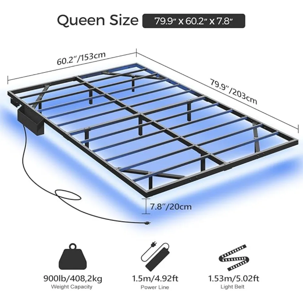 LED Floating Bed Frame with Power Strip & Storage Box, Metal Platform Bed of Easy to Install, Metal Bed Frame - Image 5