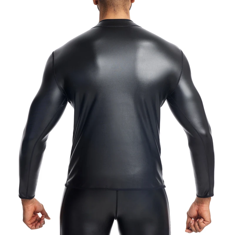 Men's New T-shirt Top Casual Shirts S-6XL Mens Wet Look Undershirt Faux Leather Long Shirts Slim Fit Muscle Tops Casual Clubwear - Image 3