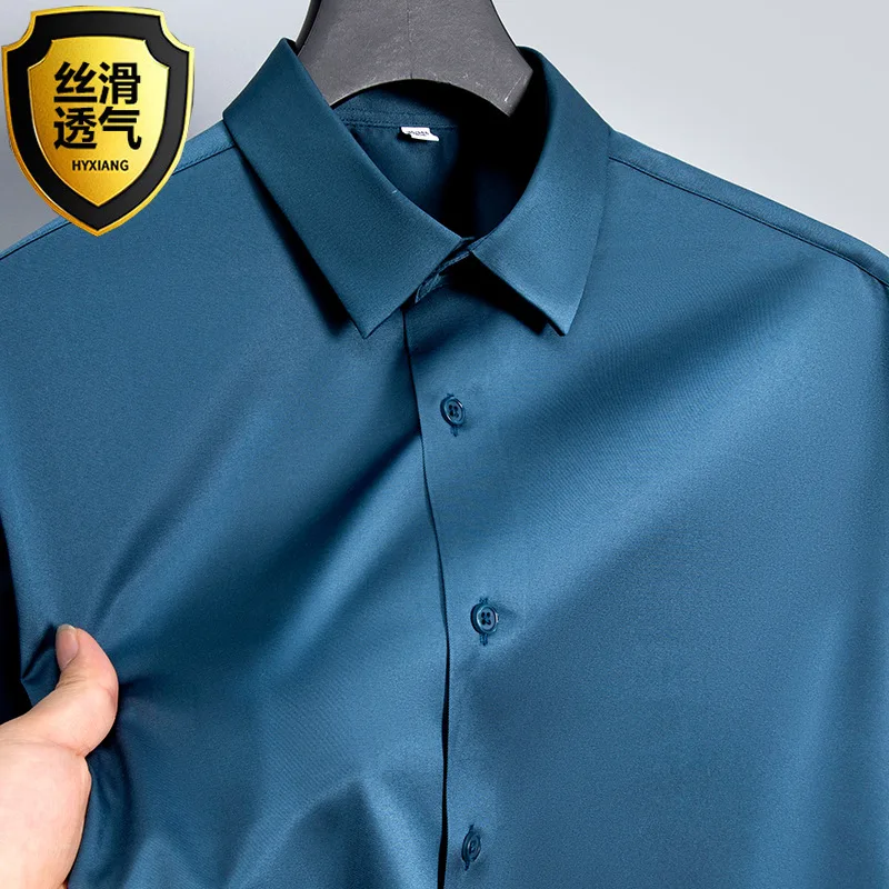Summer shirt, men's white glossy non ironing shirt, men's wrinkle resistant ice silk casual high-end seamless business shirt - Image 4