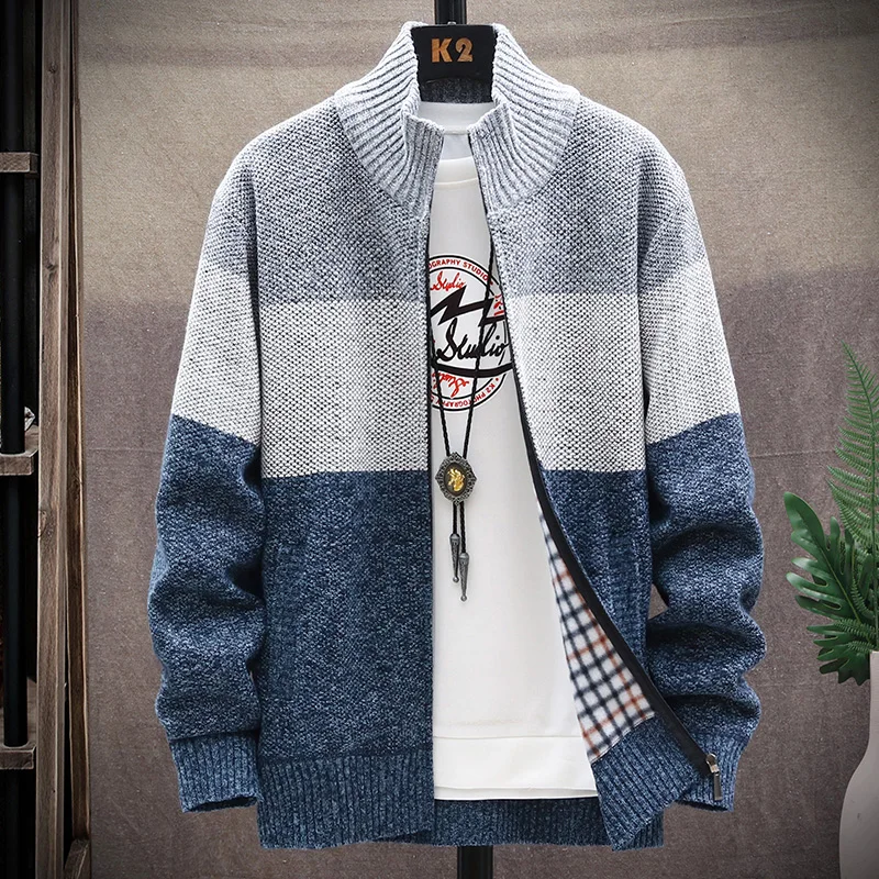 Autumn Winter Cardigan Sweater Men Fleece Zipper Sweaters Velvet Contrast Striped Sweater Coats Casual Jackets - Image 2