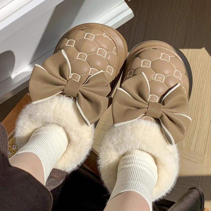 Winter Women Snow Boots Cute Bow Cotton Shoes Waterproof Down Short Barrel Ankle Boots Home Comfort Thick Soled Plush Boots - Image 3