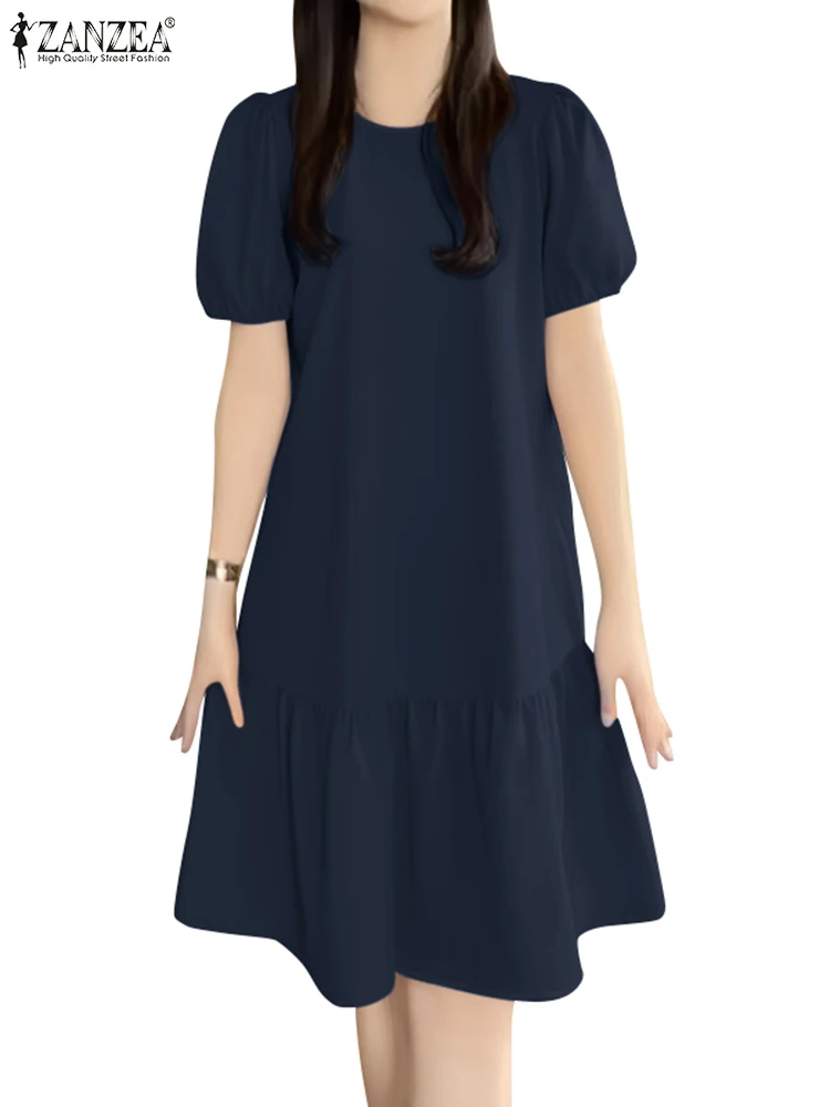 ZANZEA Women Casual Ruffled Hem Knee-length Dress 2025 Summer Short Puff Sleeve Solid A-line Vestidos Elegant Holiday Robe Femme - Image 5