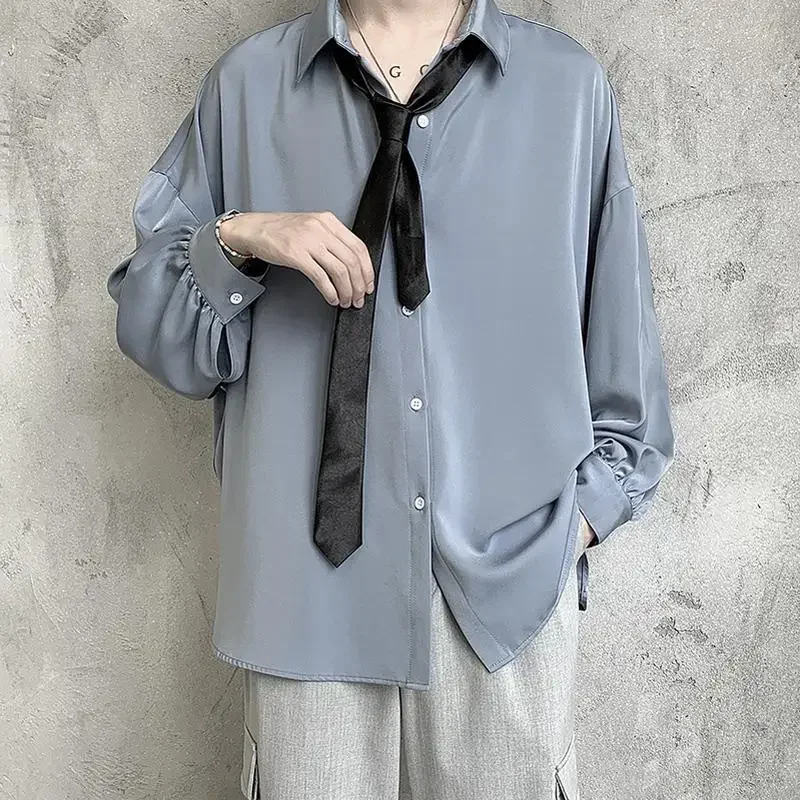 2025 Black Long-sleeved Shirts Men Korean Comfortable Blouses Casual Loose Single Breasted Shirt with Tie - Image 3