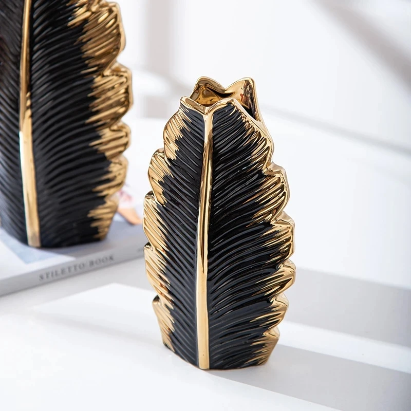 2Pcs/Nordic black gold plating leaf ceramic vase Modern simple household TV cabinet decoration vase - Image 5