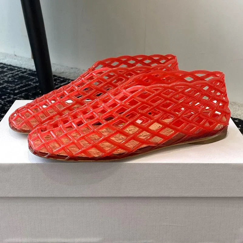 Summer Fashion Plastic Jellies Single Shoes Women Woven Mesh Ballet Flats Sandals Round Toe Transparent Hollow Design Beach Shoe - Image 5