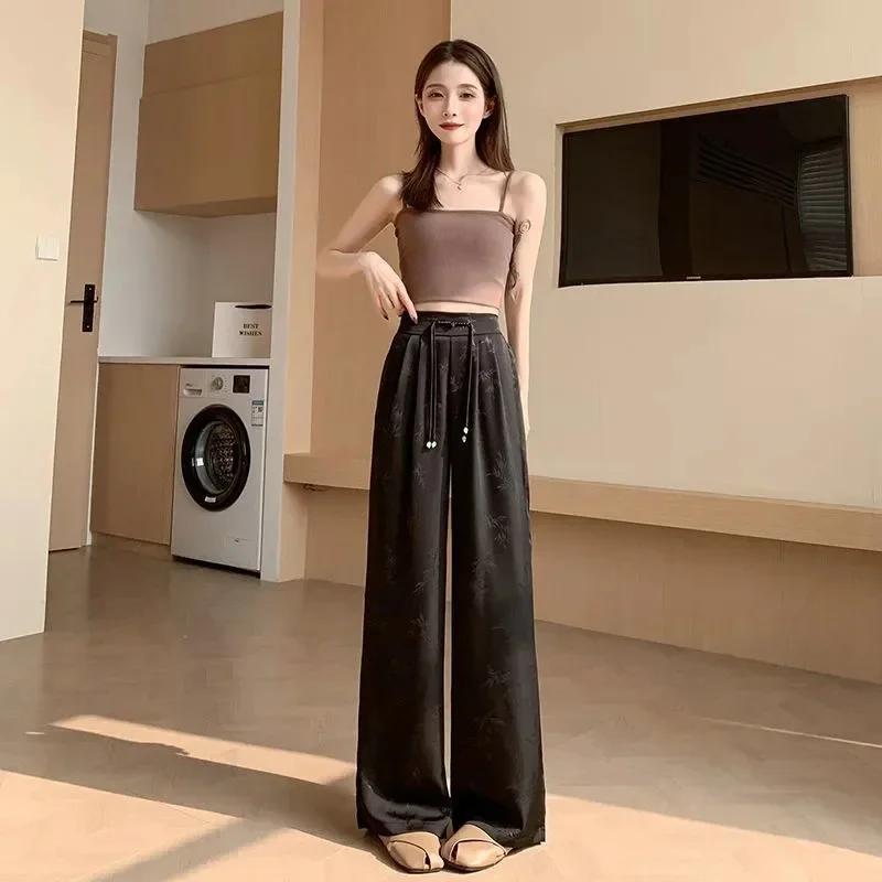 Summer Chinese National Style Jacquard Wide-Leg Pants Women's High Waist Casual Pants Black Spring Autumn Fashion Trousers - Image 2