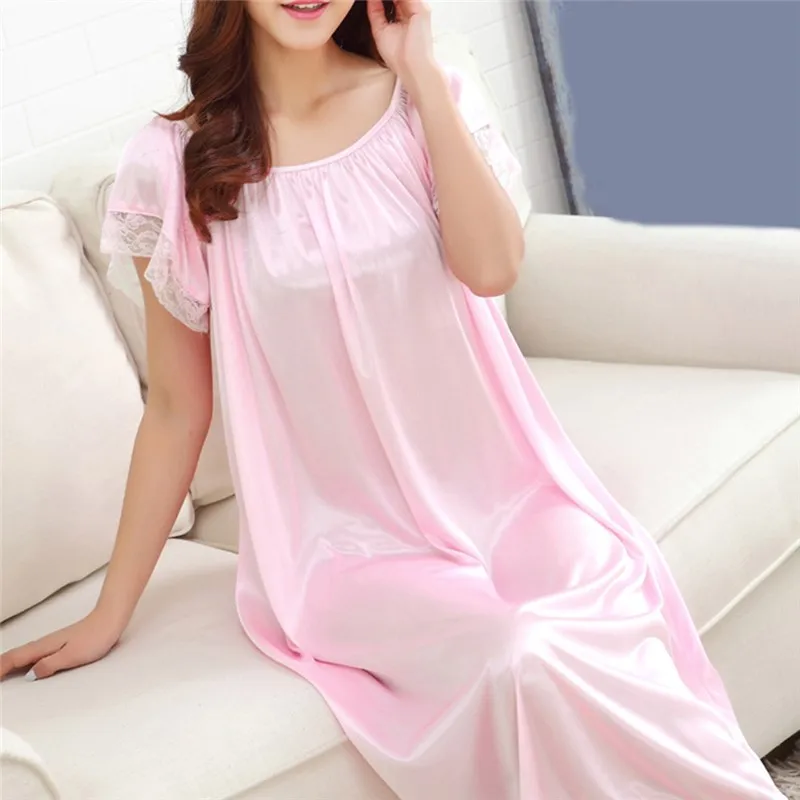 Women Night Gowns Sleepwear Lace Patchwork Nightwear Long Sleeping Dress Casual Ladies Home Dressing - Image 5