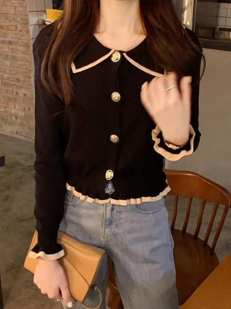 Jmprs Ruffles Sweet Cardigan Sweaters Women Fashion Slim Long Sleeve Knitted Short Coat Elegant Patchwork Korean Lady Black Tops - Image 4