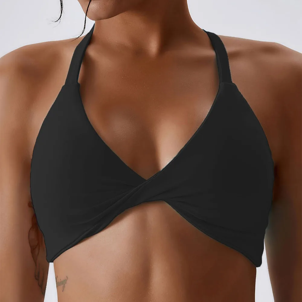 Anfilia Women Sports Bras Solid Halter Neck High Elastic With Removable Padded Gym Crisscross Strappy Back Yoga Running Tops - Image 3