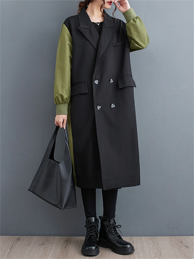 Oversized Turn-down Collar Trench Coat For Women 2024 Autumn Winter Casual Loose Vintage Patchwork Fashion Outerwear Cardigan - Image 5