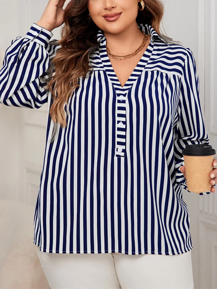 GIBSIE Plus Size Blue And White Striped Shirt Woemn Autumn New Polo Collar Long Sleeve Button Front Casual Loose Blouses Tops - Image 4