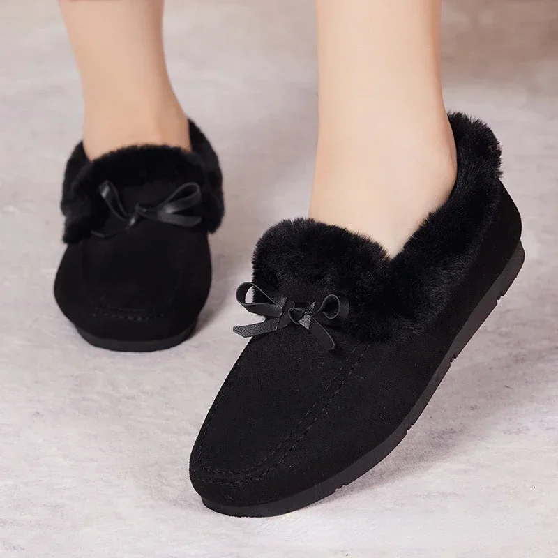 Women Winter Casual Shoes New Moccasins Soft Flat Non-slip Loafers Fashion Comfort Warm Plush Bow Slip on Female Cotton Shoes - Image 3