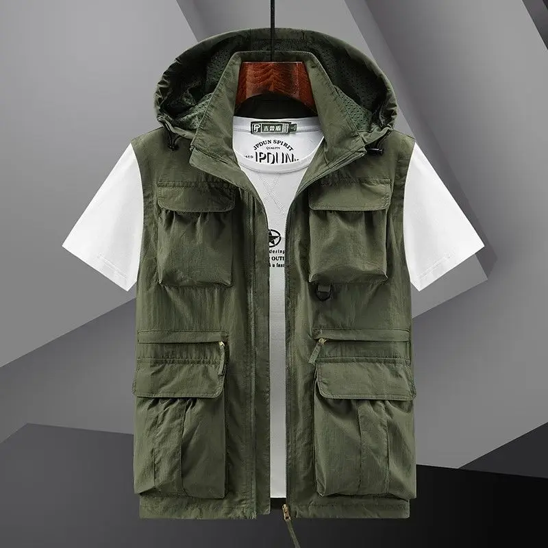 Spring New Outdoor Hooded Fishing Vest Mens Solid Breathable Multi-Pocket High Quality Vest Coat Detachable Hat Sports Vest Male - Image 4