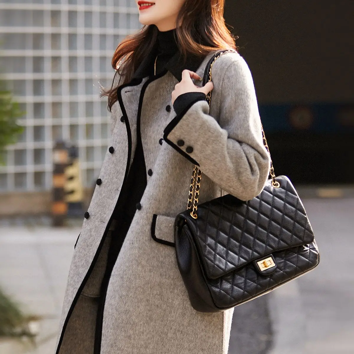Main Mu Autumn Winter New Fashion Korean Edition Slim Casual Versatile Temperament Contrasting Color Small Collar Woolen Trench - Image 5