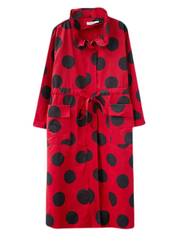2022 Autumn Winter Oversized Polka Dot Long Trench Coat For Women Clothes Stand Collar Drawstring Fashion Casual Loose Outerwear - Image 6
