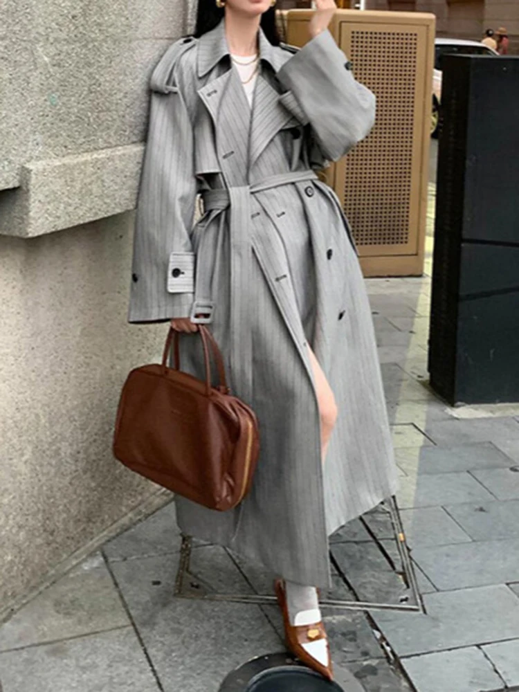 YERMORA Fashion Designer Long Trench Coat Women Lapel Double Breasted Belt Gathered Waist Windbreaker 2024 Autumn Winter New - Image 6