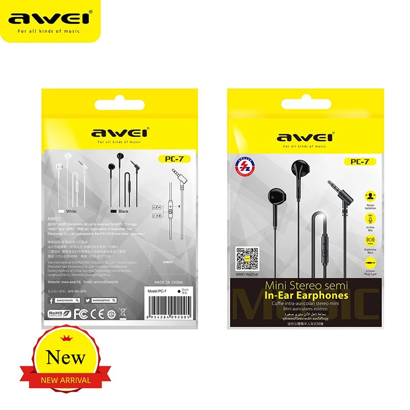 Awei PC-7 3.5mm Wired Headphones In Ear Headset Wired Earphones with Mic Bass Stereo Earbuds Sports In-line Control For Phones - Image 2
