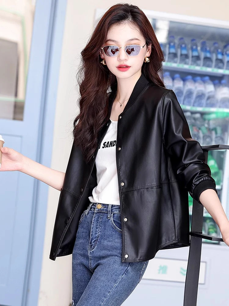 New Women Casual Leather Jacket Spring Autumn Fashion Patchwork V-Neck Single Breasted Loose Short Outerwear Split Leather - Image 6