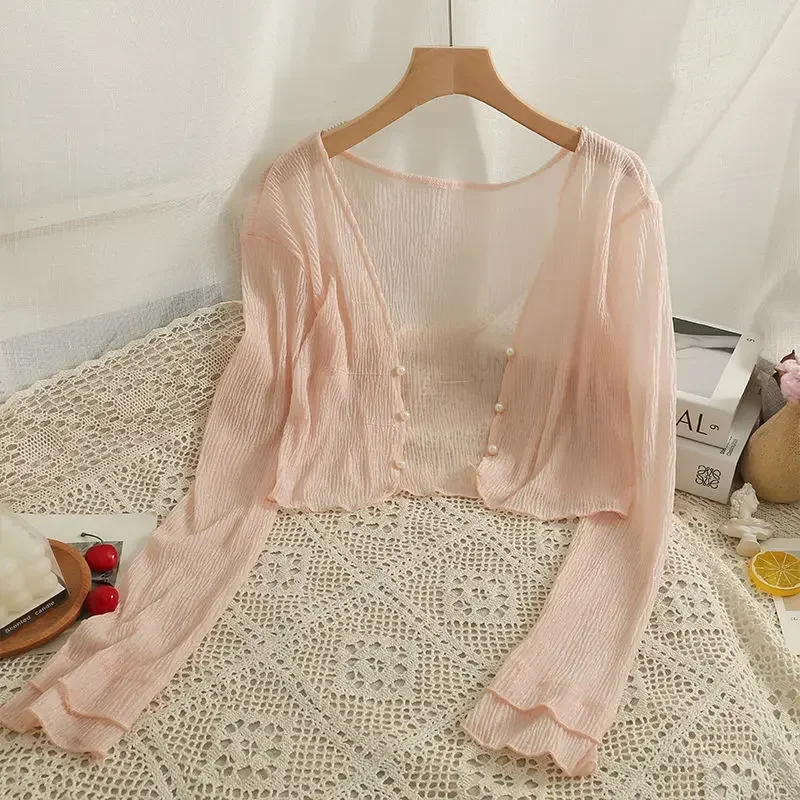 2025 Fairy Style Solid Cardigan Women Summer New Long Sleeve Sunscreen Sweet Beading V-neck Basics Loose Chiffon Cardigan - Image 6