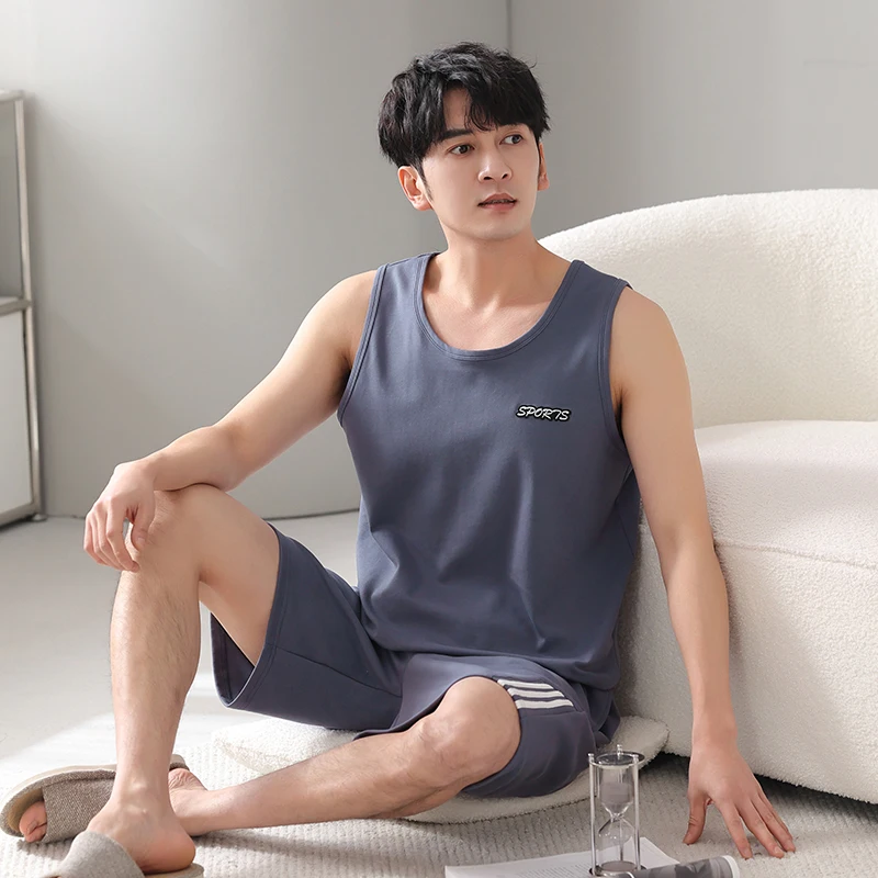 Plus Size 4XL-7XL Men Pajama Set Summer Knited Cotton Pijamas Sleeveless Sleepwear Suit - Image 2