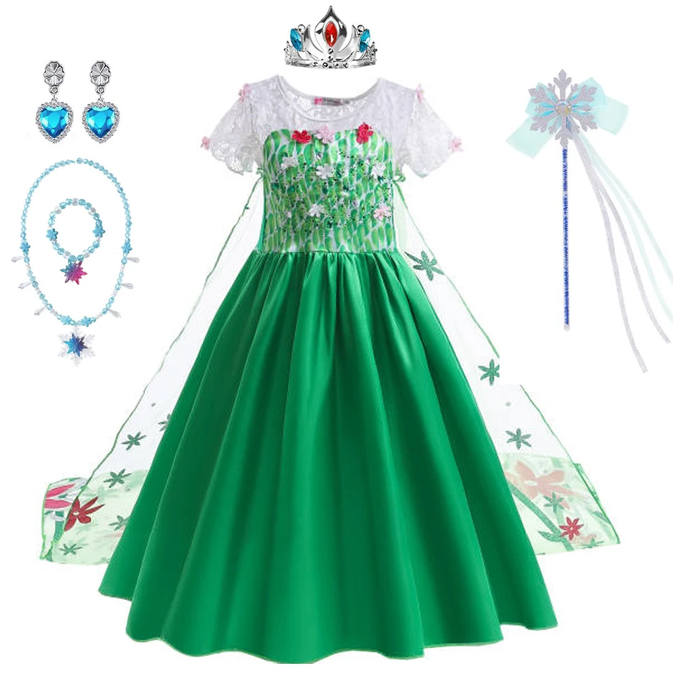 Elsa Green Dress for Kids Girl Princess Costume Dresses Children Long Cloak Floral Lace Ball Gown Summer - Image 2