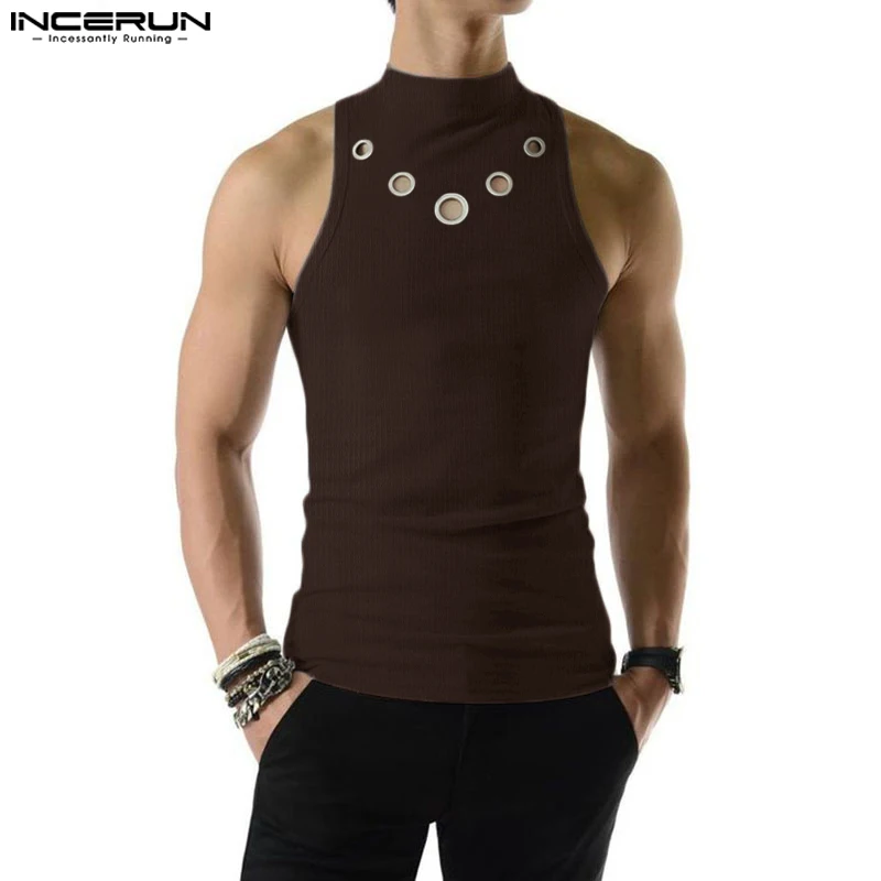 INCERUN Fashion Men Tank Tops Hollow Out Solid Turtleneck Sleeveless Male Vests Streetwear Summer 2023 Casual Men Clothing S-5XL - Image 3