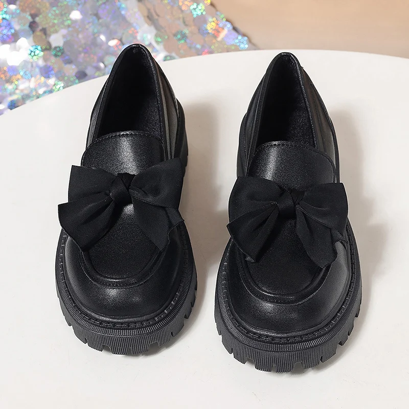 Spring Bowknot Platform Loafers Women Black Faux Leather Slip On Flats Shoes Woman College Style Thick Sole Dress Shoes Size 42 - Image 5