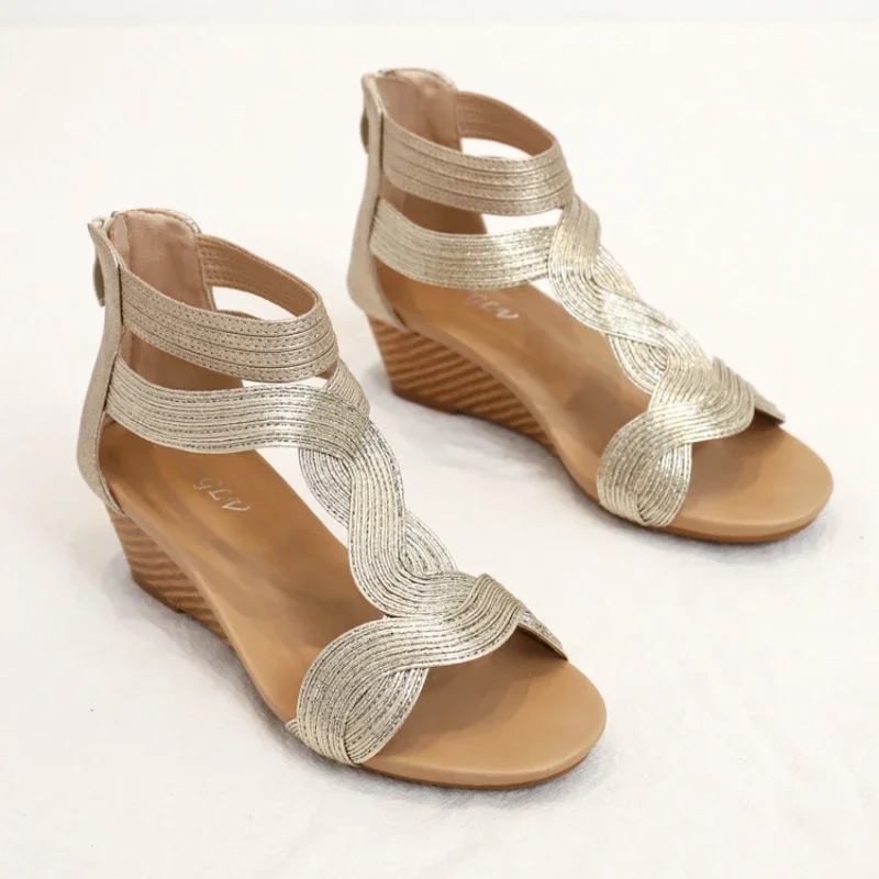 BEYARNE Summer Sandals Women Wedges Shoes Soft Leather T Strap Zipper Open Cover Heel Design Ladies Shoes Female Large Plus Size - Image 3