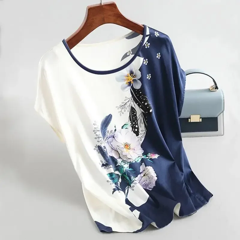 Plus Size Women Silk Satin Blouses Spring Summer Floral Printing Blouse Female Fashion Shirt Tops - Image 2