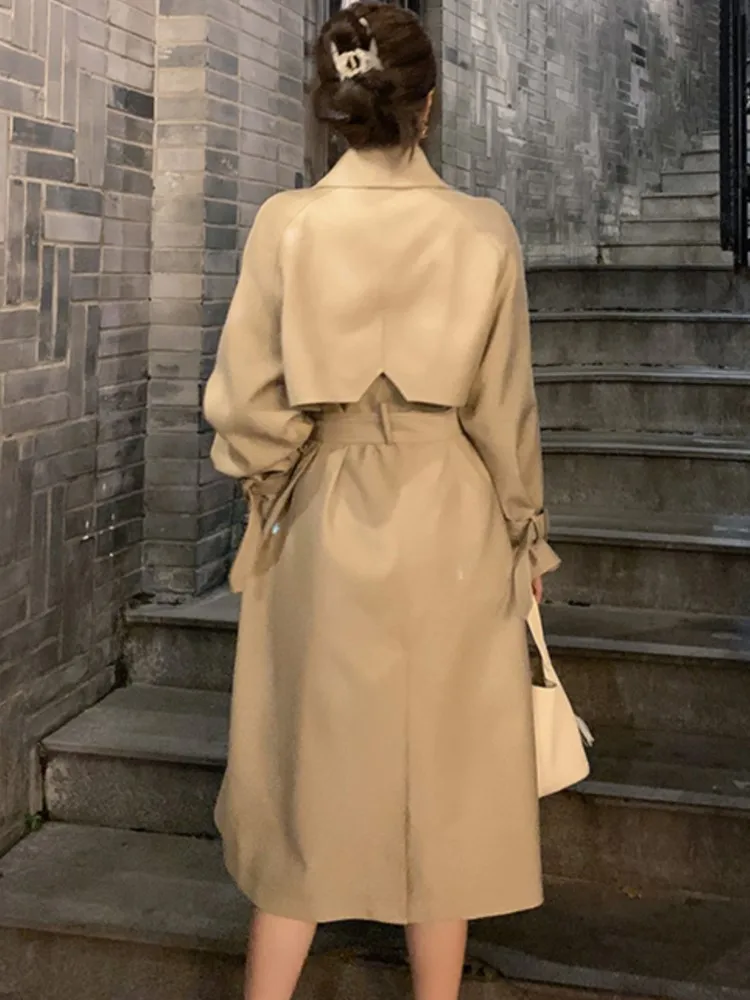 Autumn Winter Khaki Long Trench Coat for Women 2024 Jacket Elegant Outerwear Turn-down Collar Tie Belt Korean Chic Windbreaker - Image 2