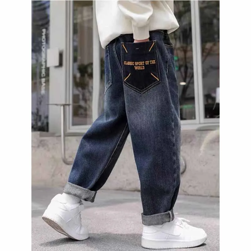 2024 Boys Fashion Jeans Children's Loose Casual Pants Spring Autumn New Kids Elastic Waist Pocket Letter Trousers 5-14 Years Old - Image 2