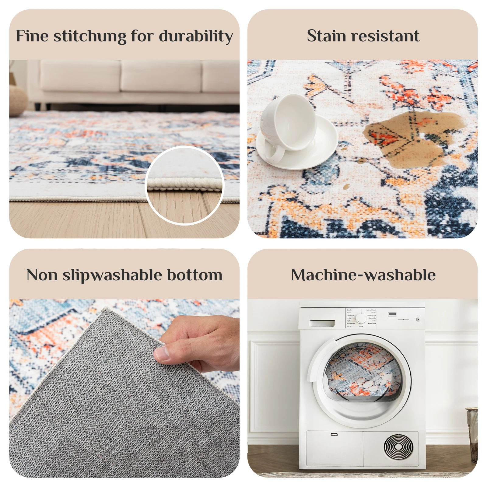 Orhopui vintage boho design, washable area rugs non-slip rugs for living room bedroom traditional woven rugs stain resistant - Image 6